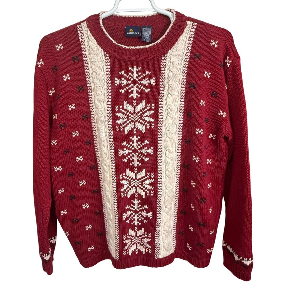 Lizsport Large Knit Sweater Snowflake Nordic Winter Red White Cotton Vintage
